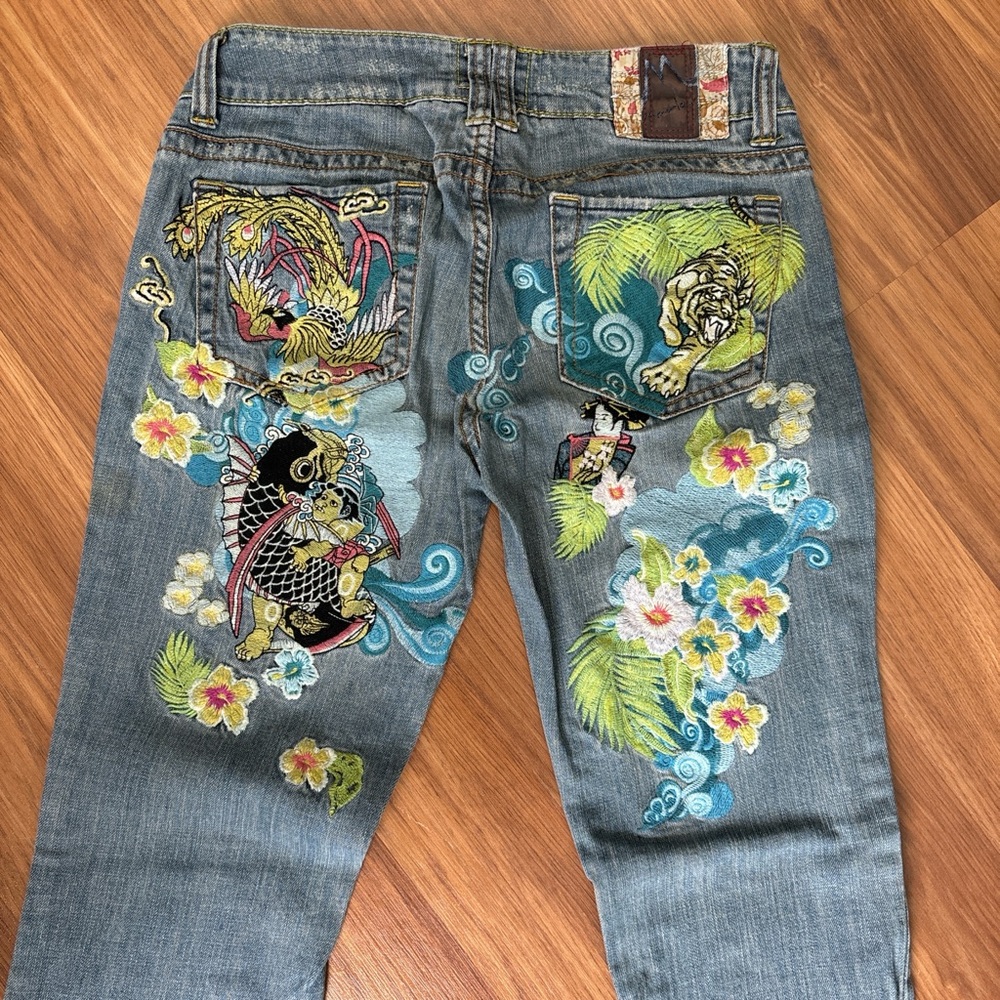 Blue Embroidered Boot-Cut Jeans with Tropical & Koi Motifs